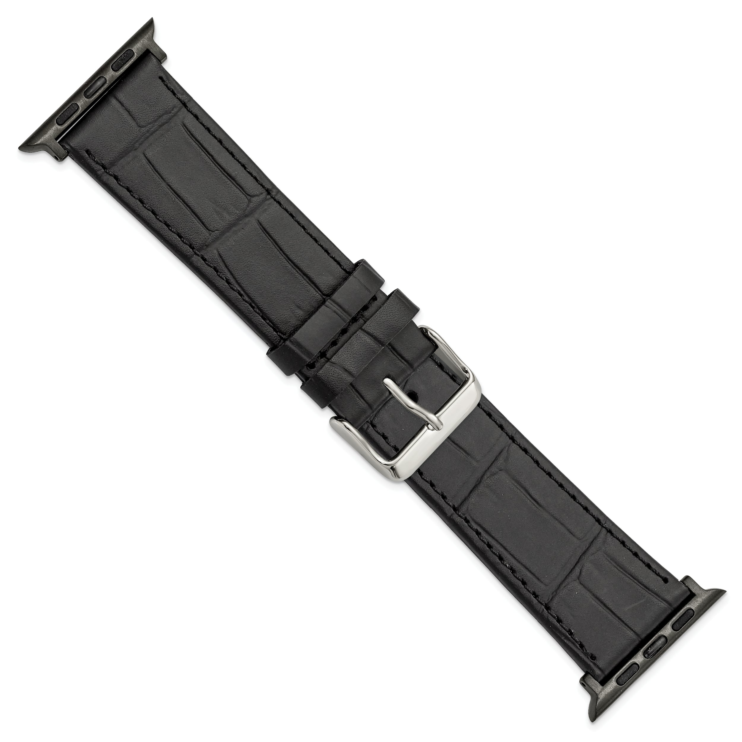for Apple 42/44mm Smart Watch Black Gator Grain Calfskin Leather with Black Adapters and Stainless Steel Buckle 7.5 inch