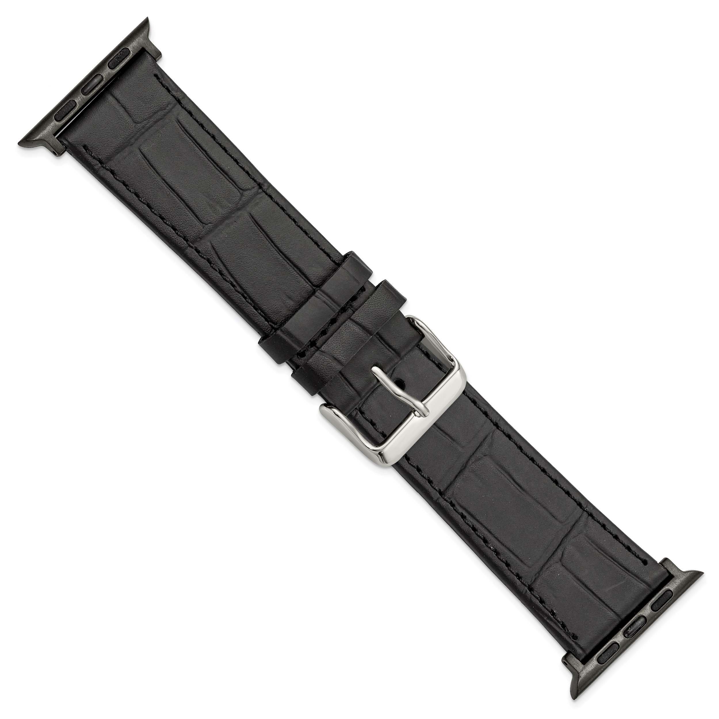 for Apple 42/44mm Smart Watch Black Gator Grain Calfskin Leather with Black Adapters and Stainless Steel Buckle 7.5 inch