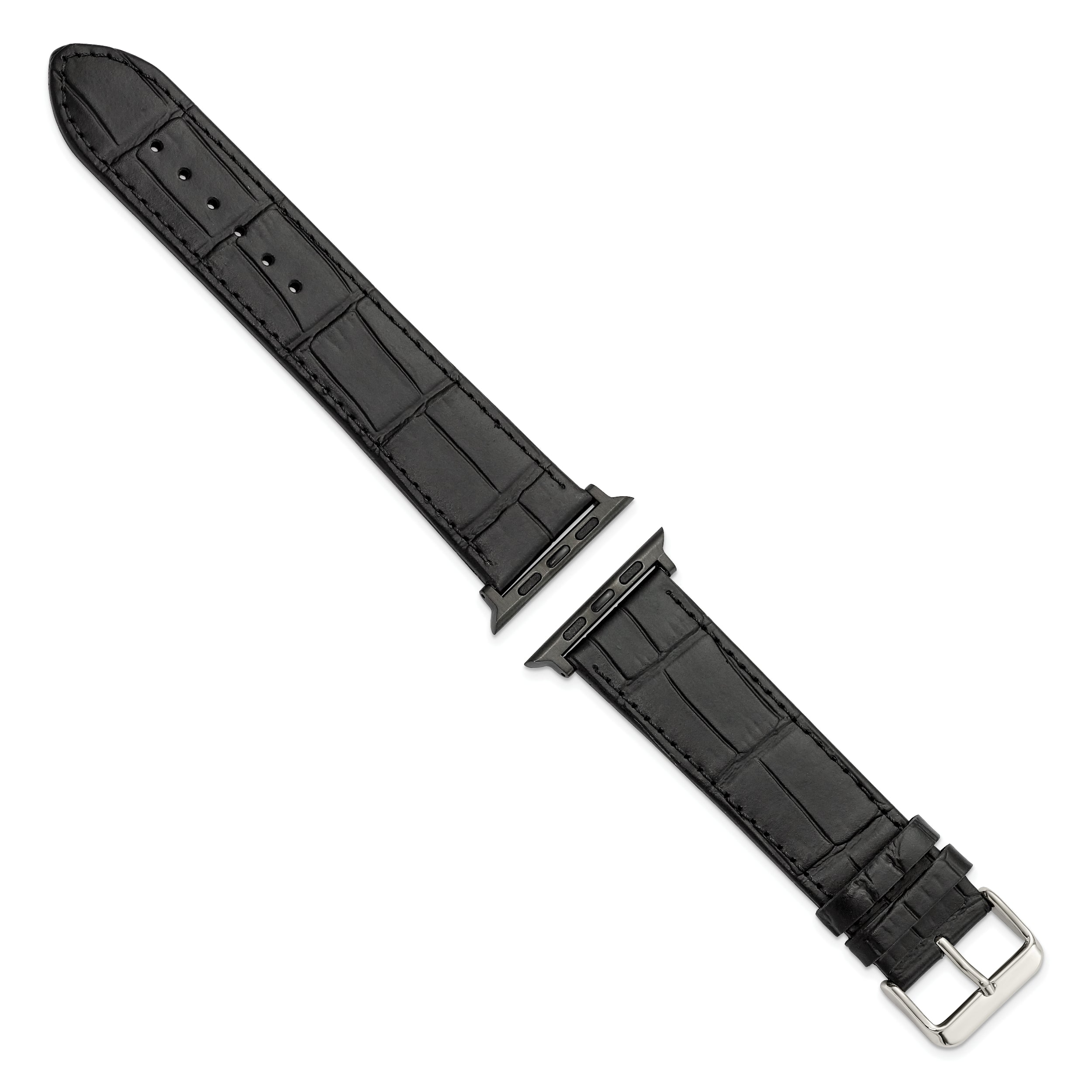 for Apple 42/44mm Smart Watch Extra-Long Black Gator Grain Calfskin Leather with Black Adapters and Stainless Steel Buckle 8.25 inch Watch Band