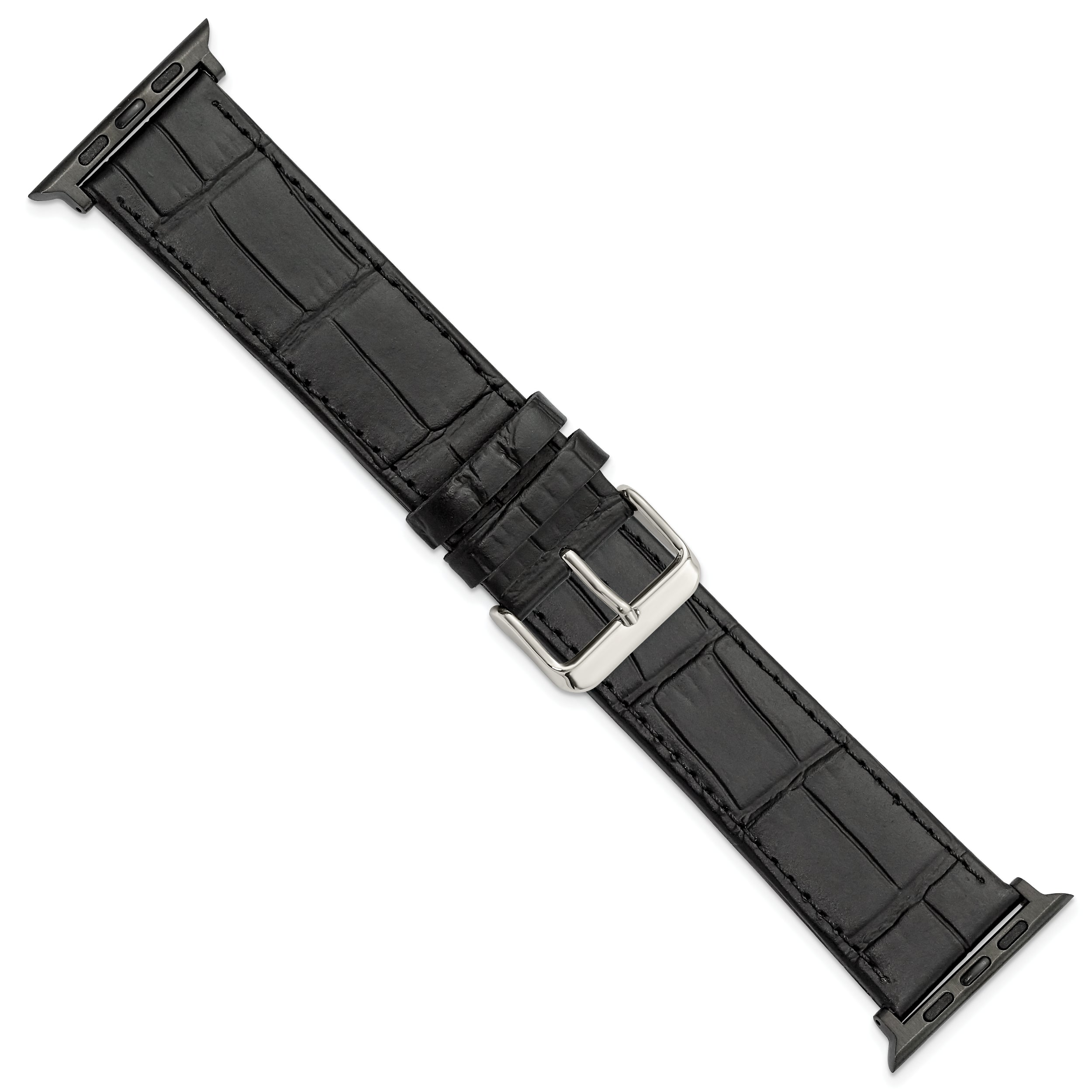 for Apple 42/44mm Smart Watch Extra-Long Black Gator Grain Calfskin Leather with Black Adapters and Stainless Steel Buckle 8.25 inch Watch Band