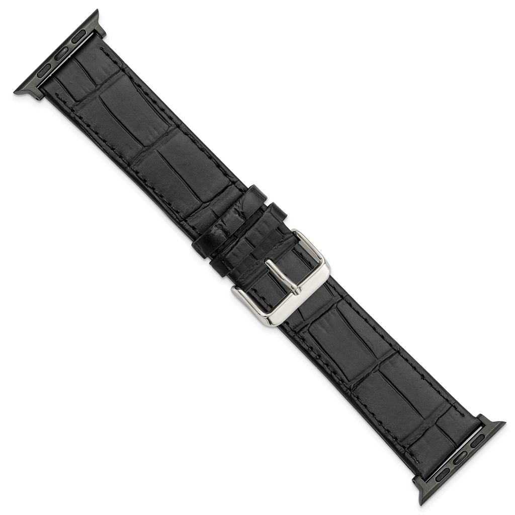 for Apple 42/44mm Smart Watch Extra-Long Black Gator Grain Calfskin Leather with Black Adapters and Stainless Steel Buckle 8.25 inch Watch Band