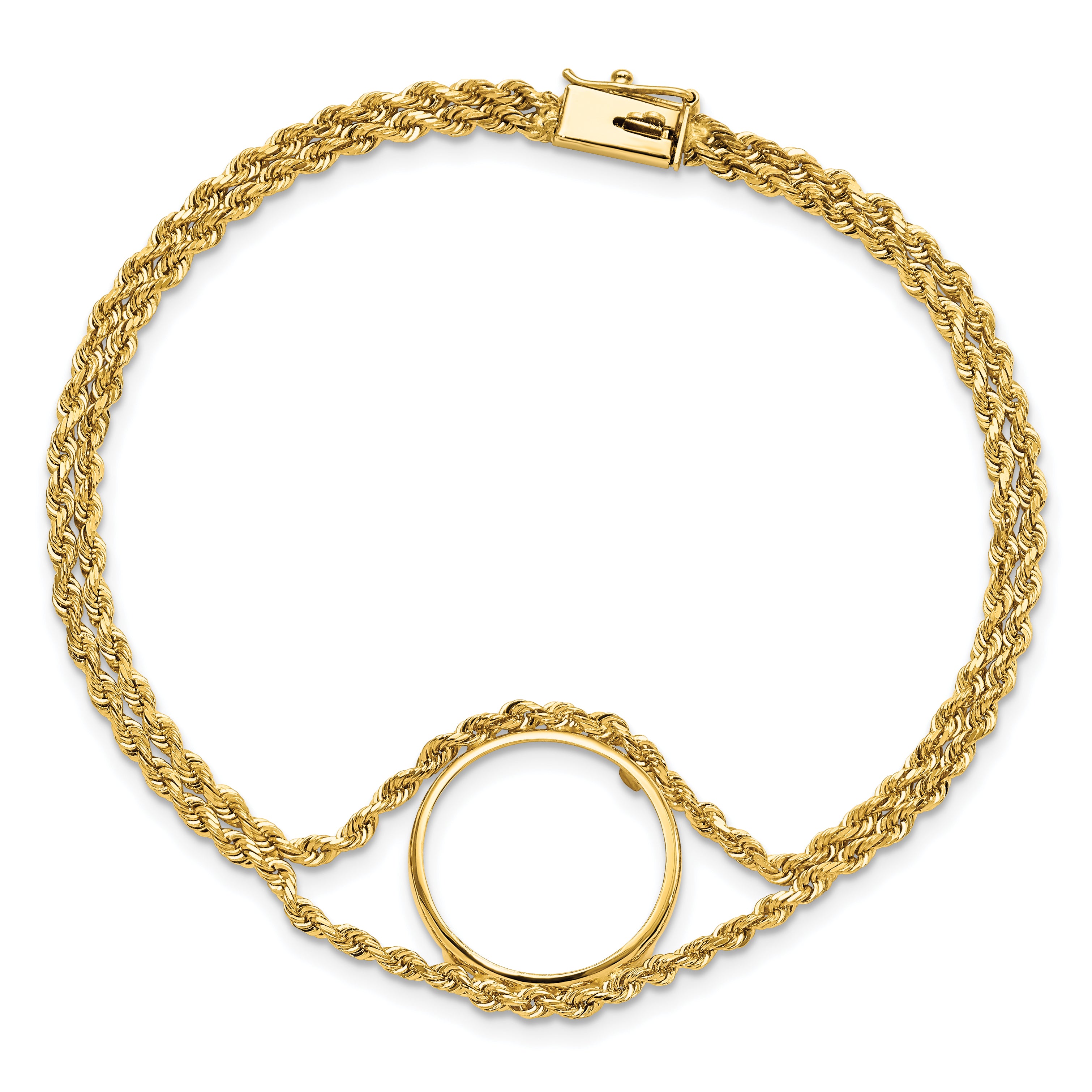 Wideband Distinguished Coin Jewelry 14k Polished Double Rope 16.5mm Prong Coin Bezel Bracelet - Sophia Jewelers