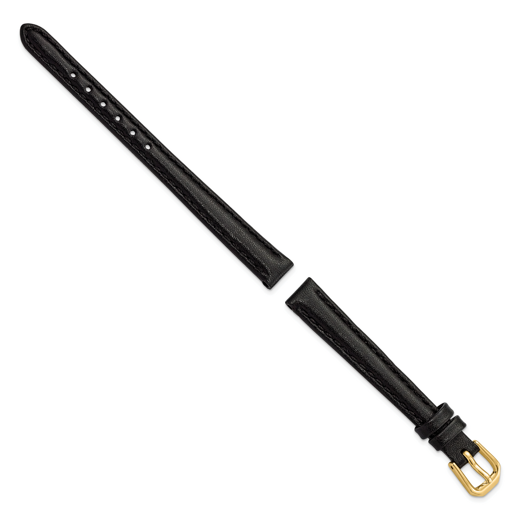 10mm Black Smooth Leather with Gold-tone Buckle 6.75 inch Watch Band