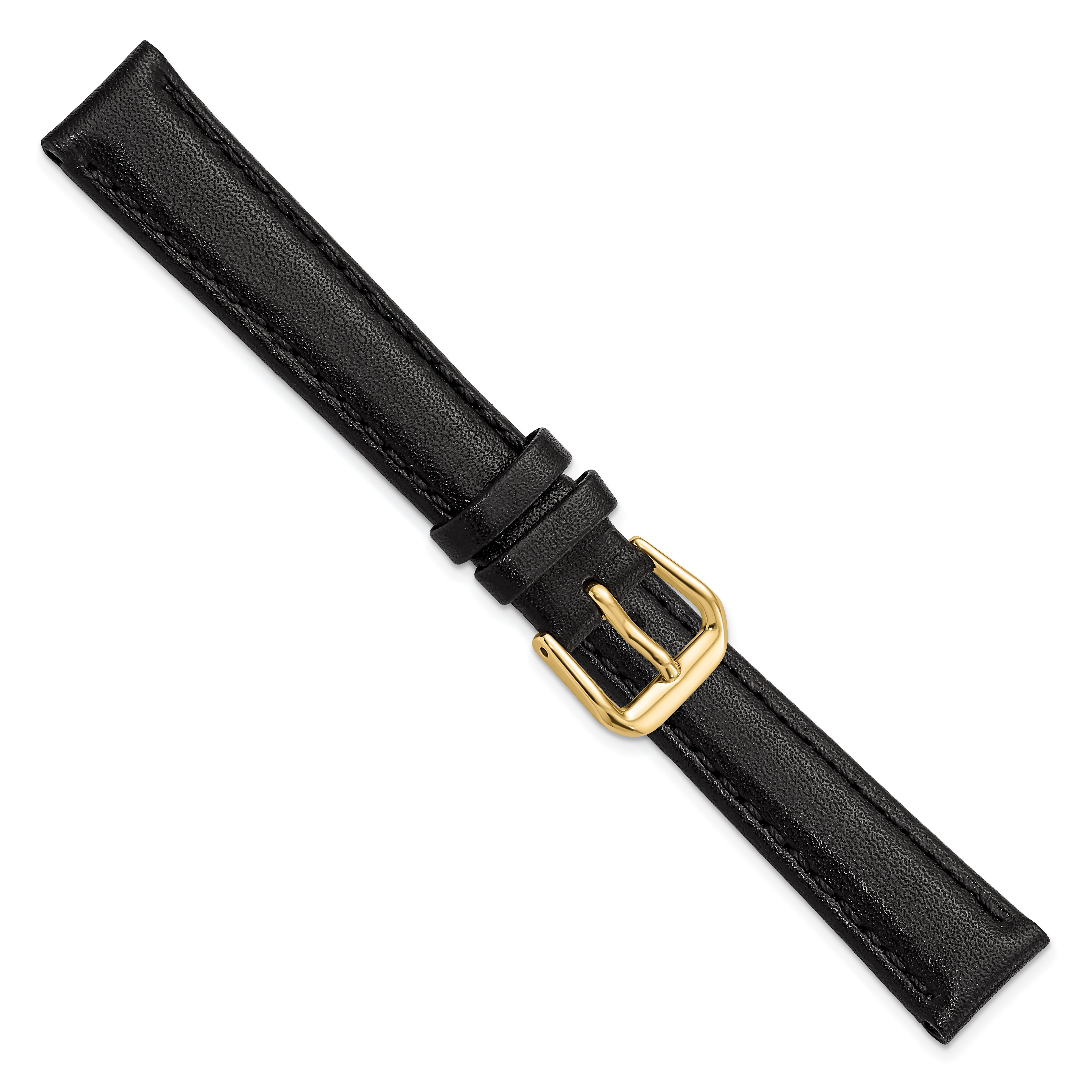 14mm Black Smooth Leather with Gold-tone Buckle 6.75 inch Watch Band