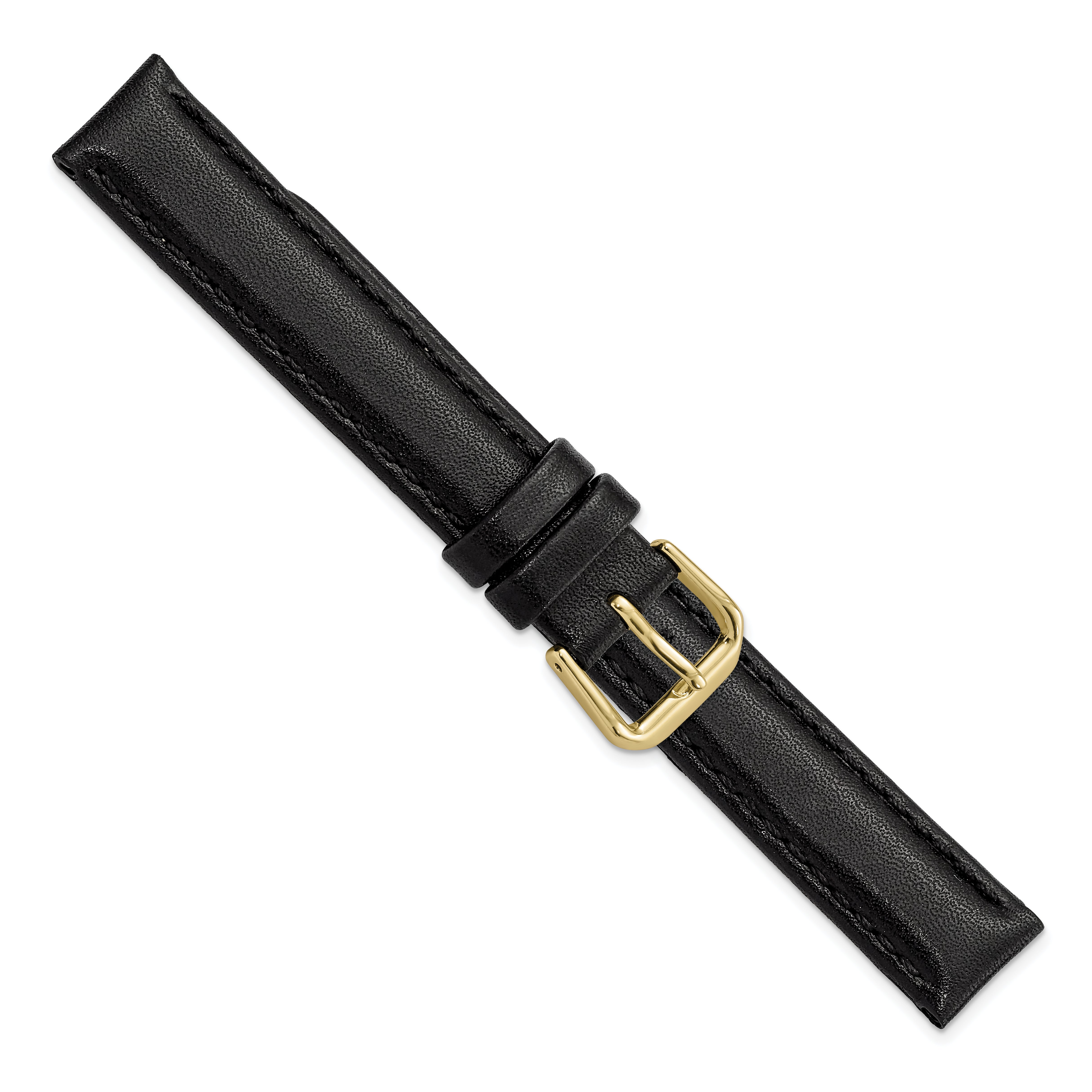 15mm Black Smooth Leather with Gold-tone Buckle 7.5 inch Watch Band