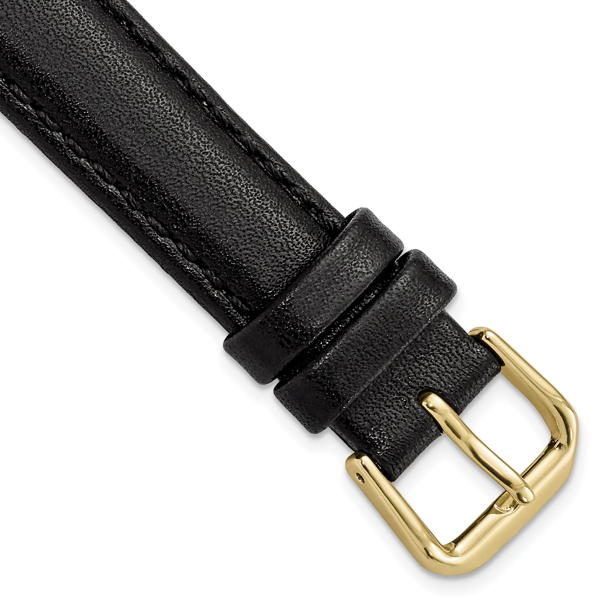 15mm Black Smooth Leather with Gold-tone Buckle 7.5 inch Watch Band