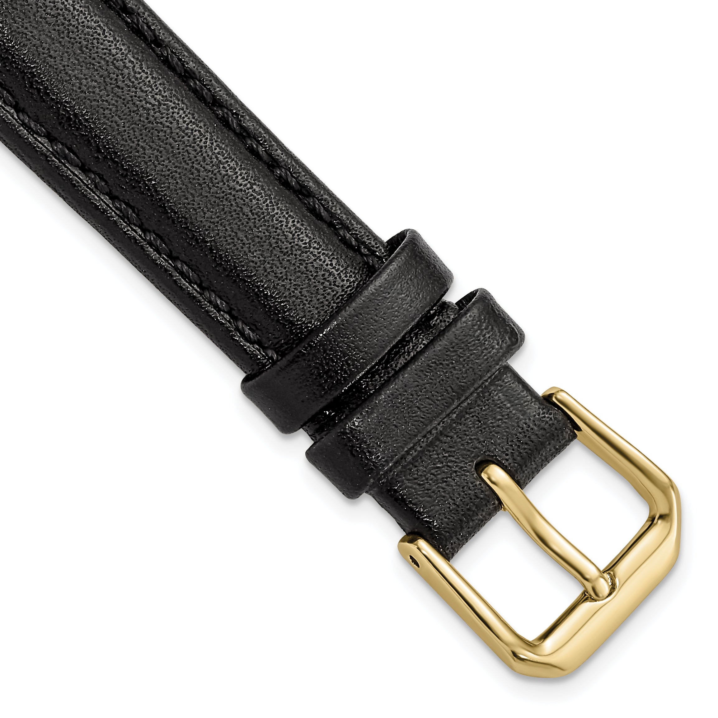 16mm Black Smooth Leather with Gold-tone Buckle 7.5 inch Watch Band
