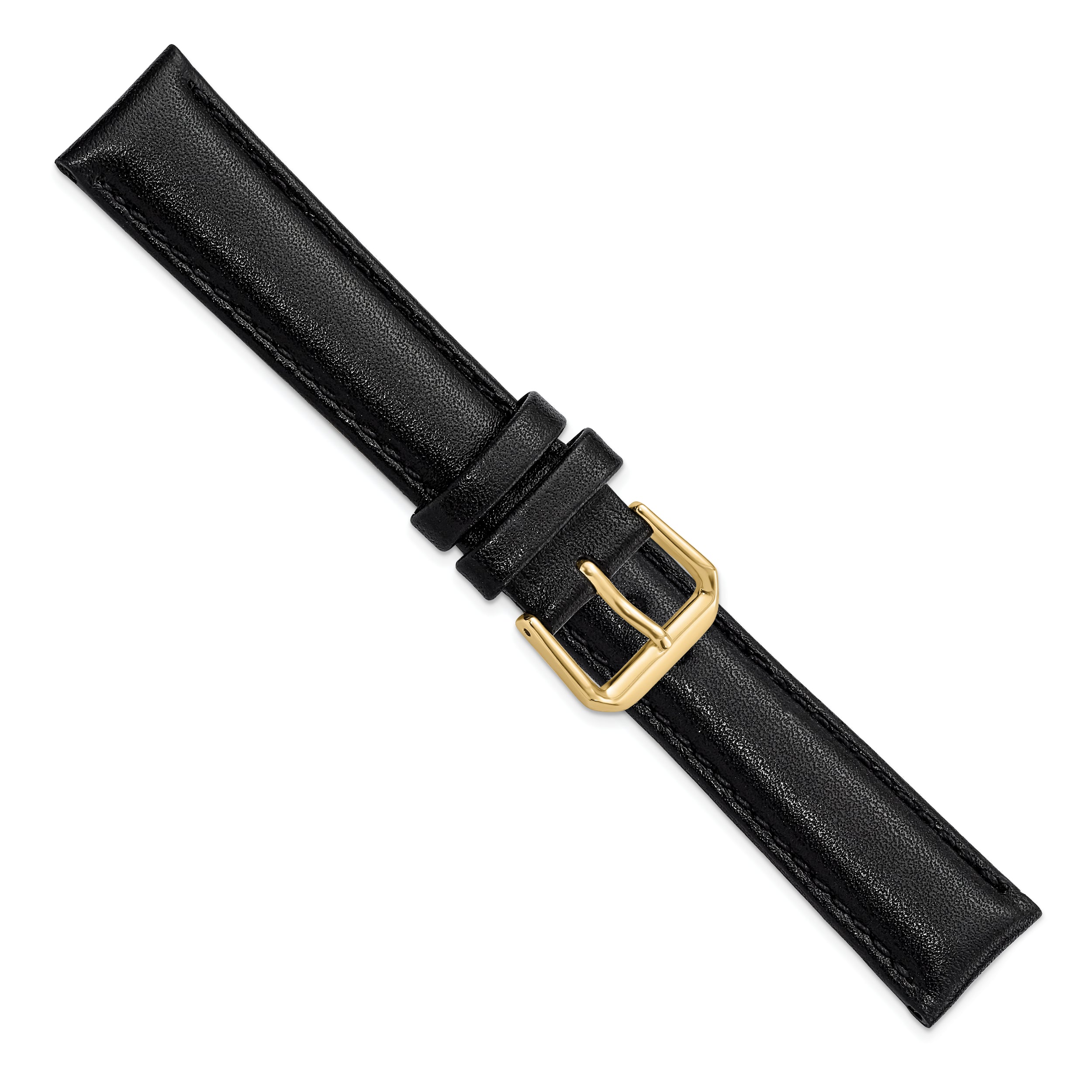 18mm Black Smooth Leather with Gold-tone Buckle 7.5 inch Watch Band