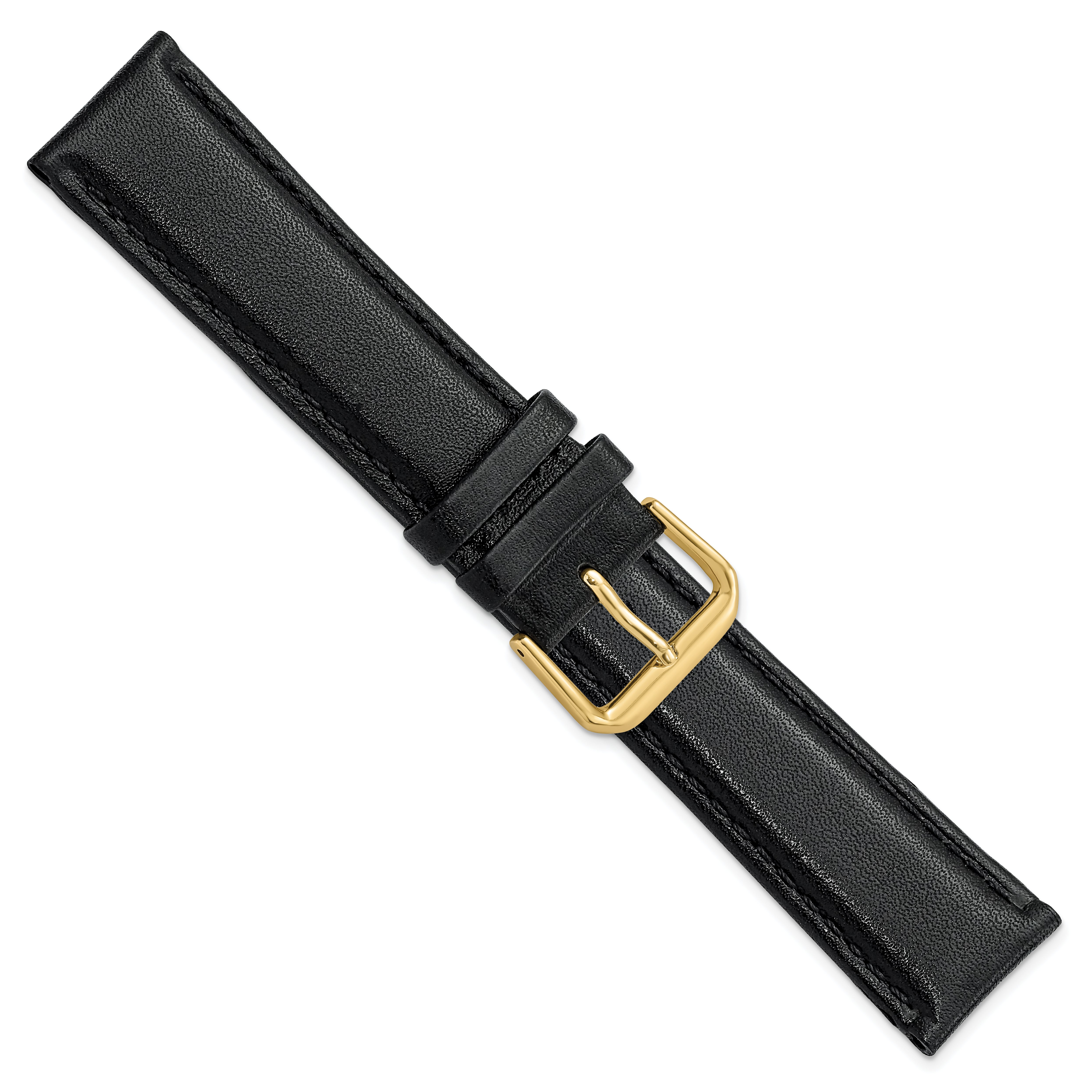 20mm Black Smooth Leather with Gold-tone Buckle 7.5 inch Watch Band