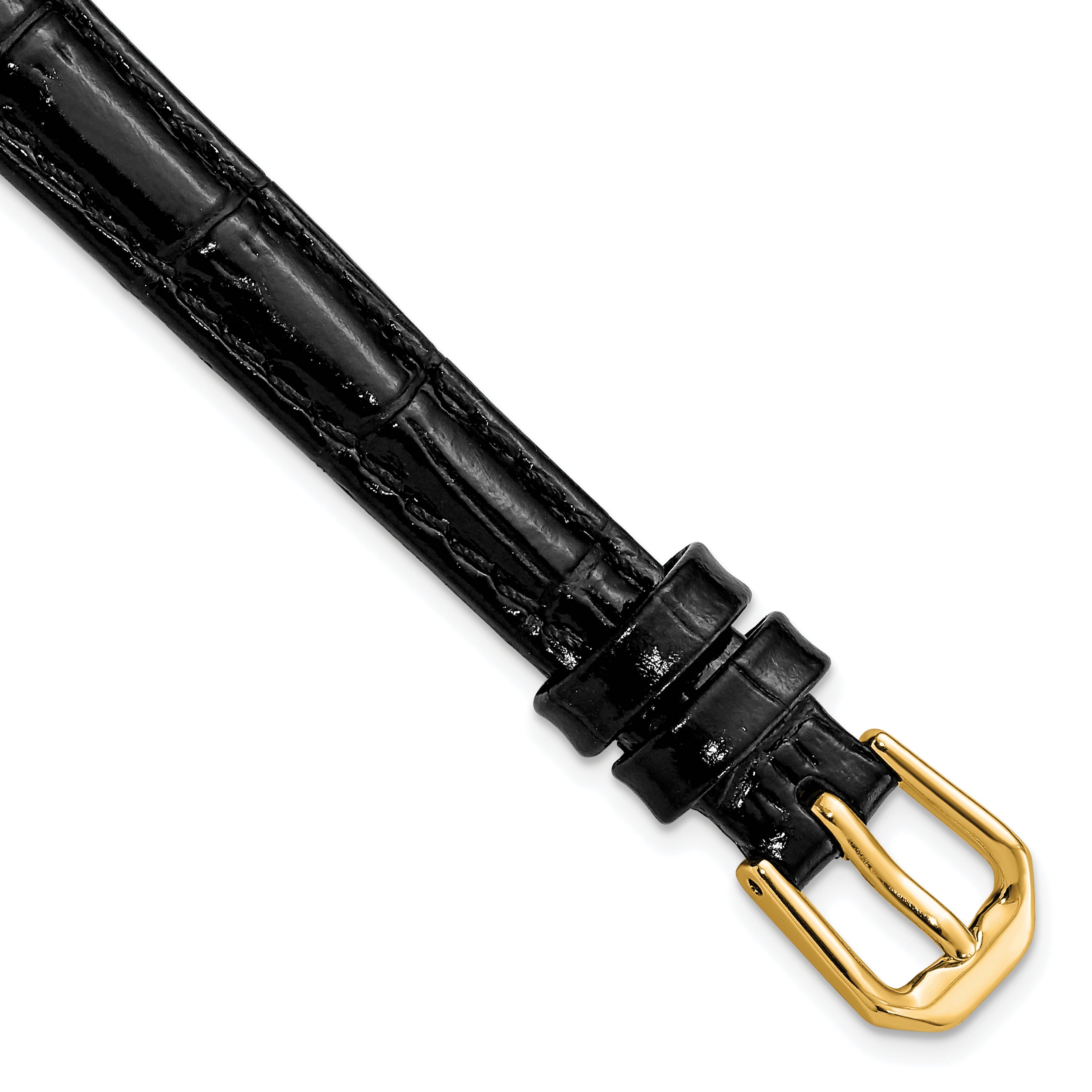 10mm Black Crocodile Grain Leather with Dark Stitching and Gold-tone Buckle 6.75 inch Watch Band