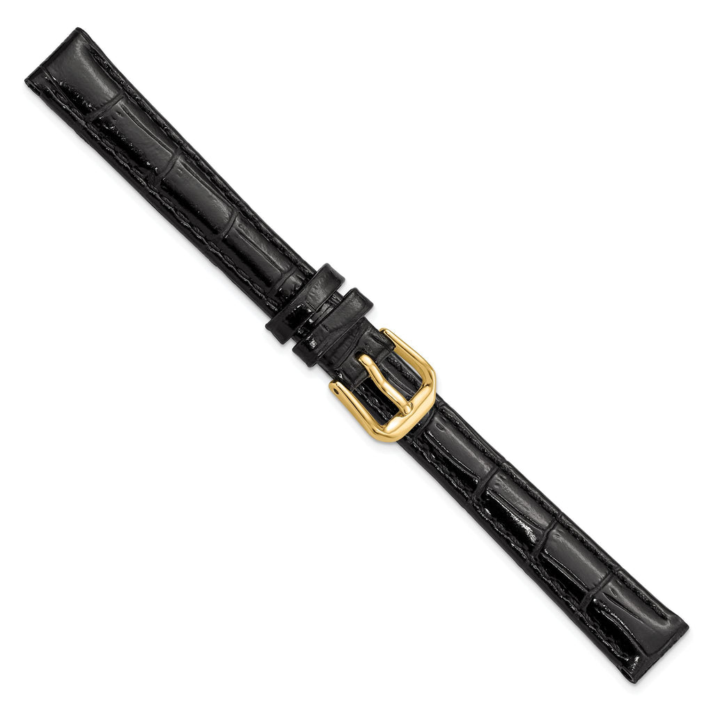 DeBeer 12mm Black Crocodile Grain Leather with Dark Stitching and Gold-tone Buckle 6.75 inch Watch Band