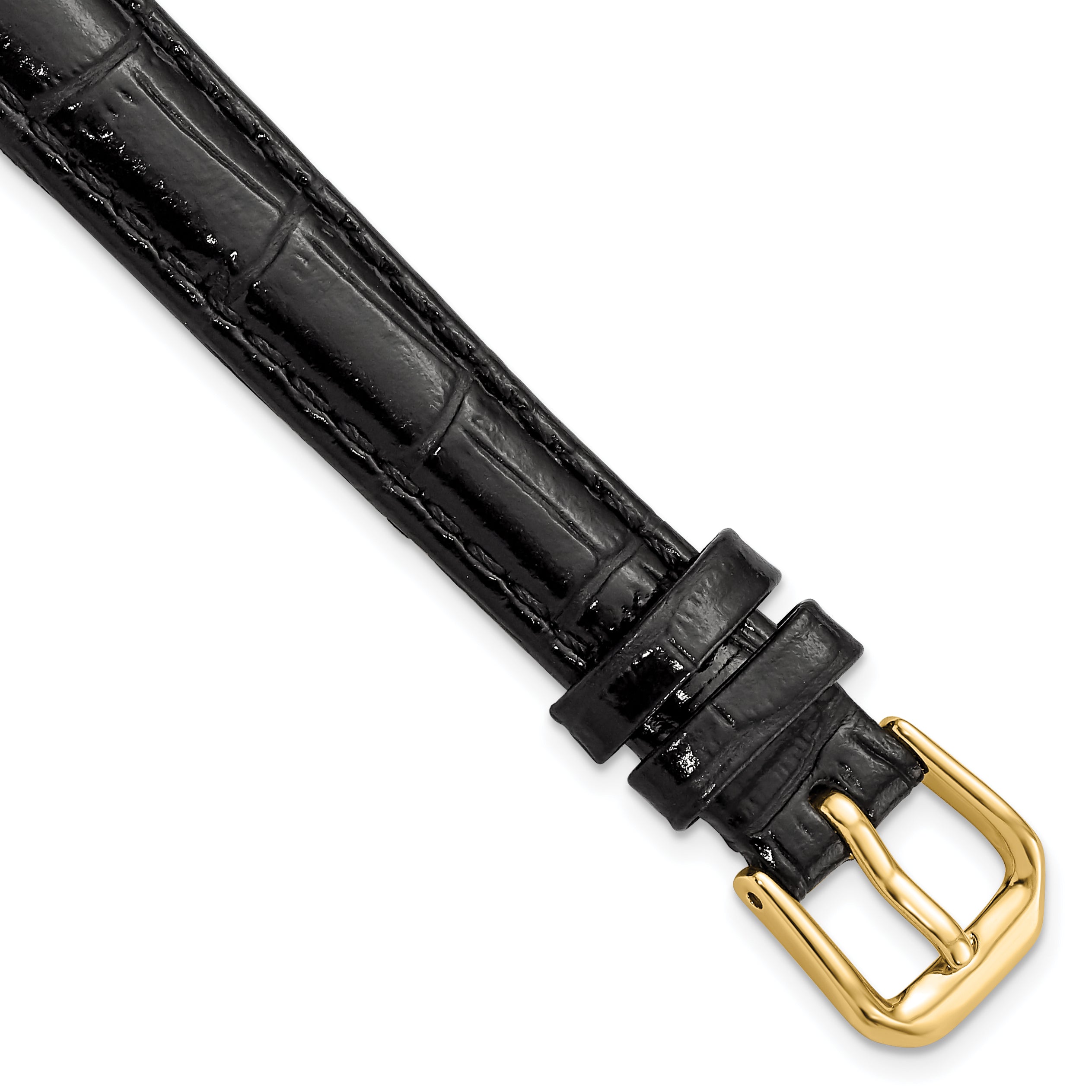 10mm Black Crocodile Grain Leather with Dark Stitching and Gold-tone Buckle 6.75 inch Watch Band
