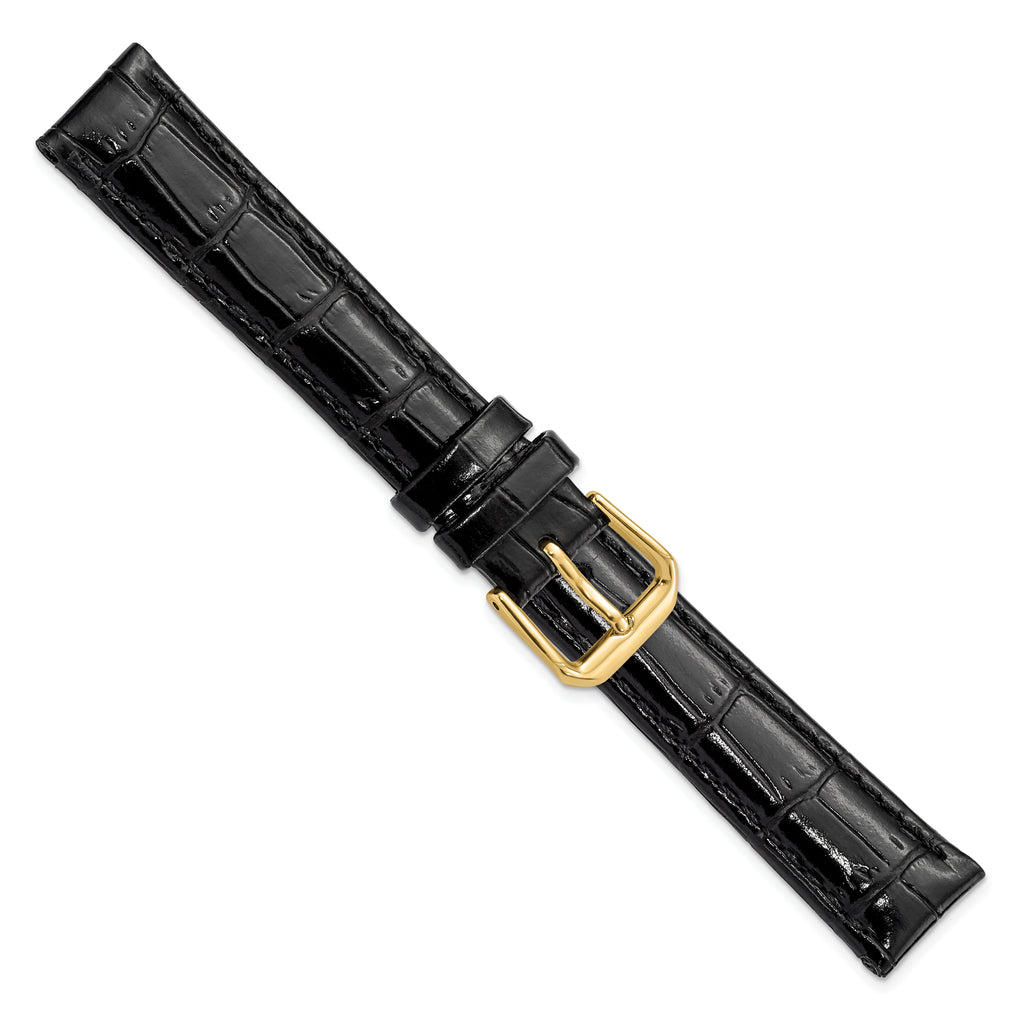 DeBeer 16mm Black Crocodile Grain Leather with Dark Stitching and Gold-tone Buckle 7.5 inch Watch Band