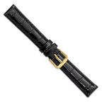 DeBeer 16mm Black Crocodile Grain Leather with Dark Stitching and Gold-tone Buckle 7.5 inch Watch Band
