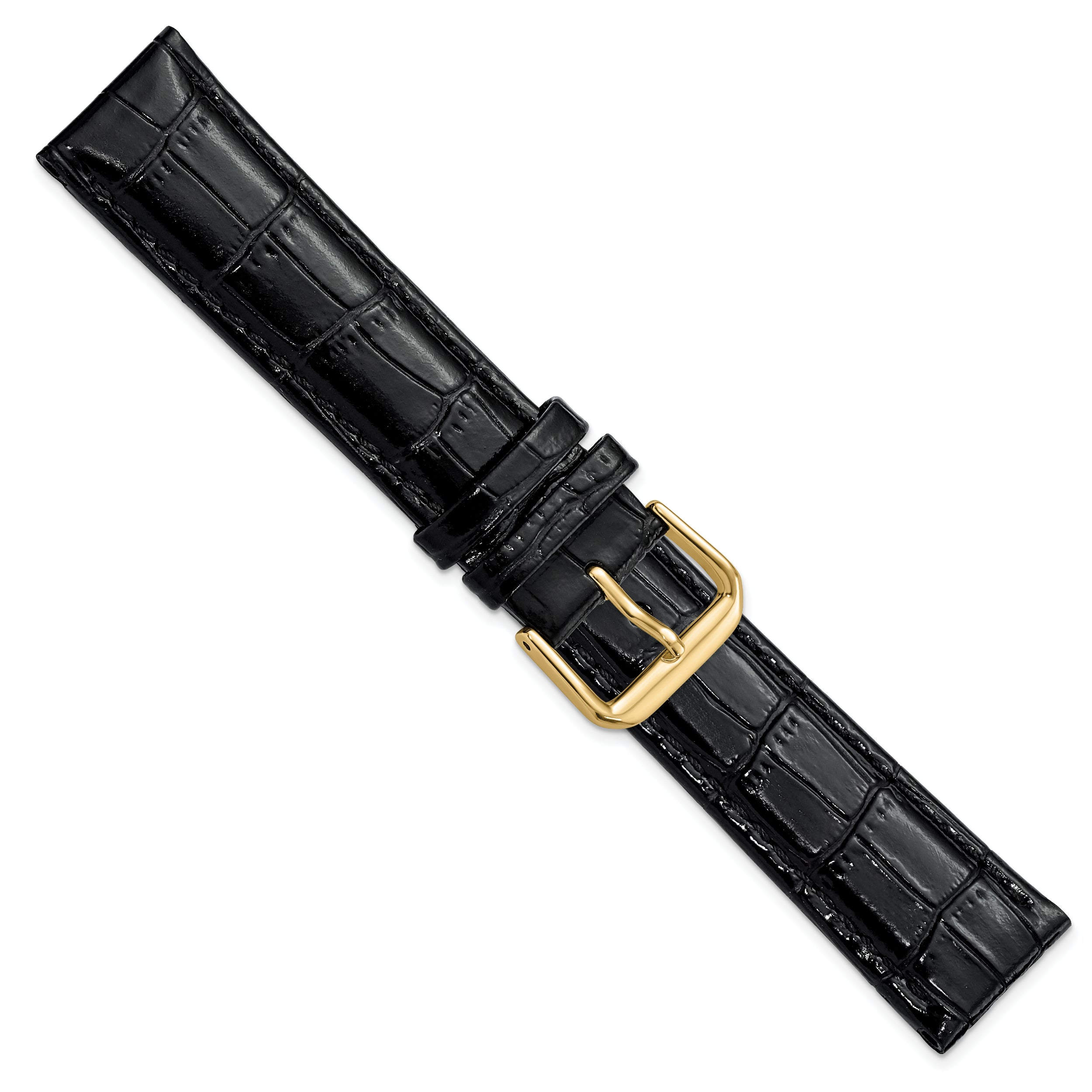 20mm Black Crocodile Grain Leather with Dark Stitching and Gold-tone Buckle 7.5 inch Watch Band