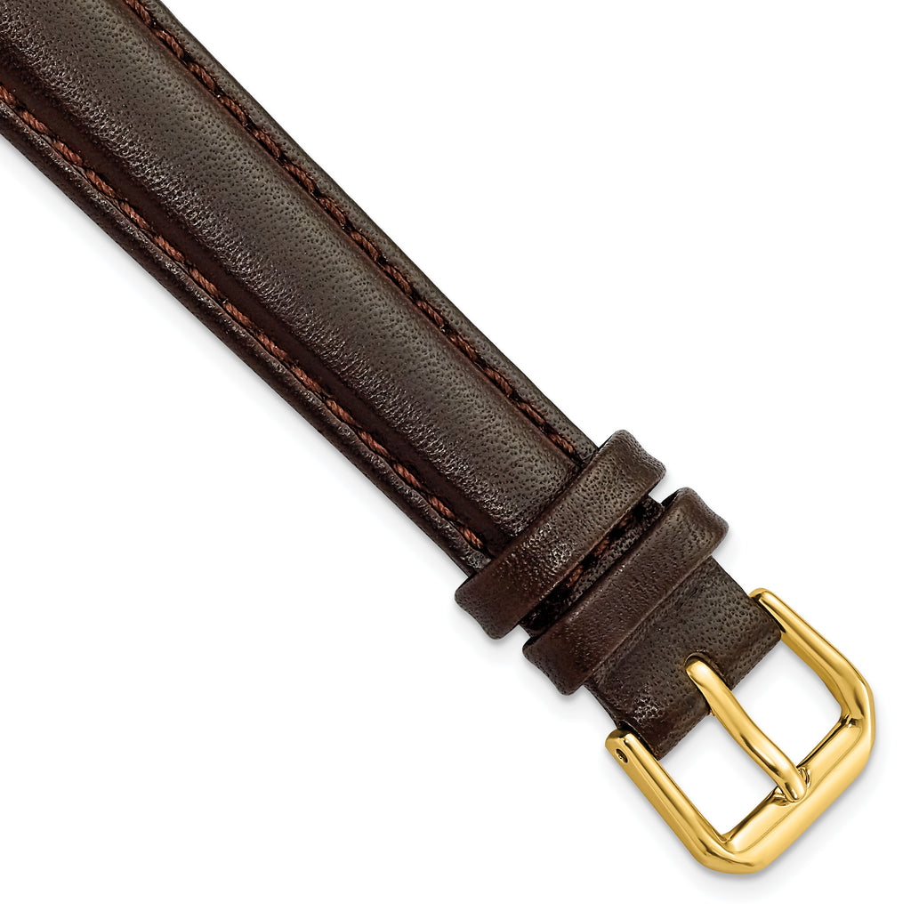 Smooth Leather Watch Band in Dark Brown with Gold-Tone Buckle, 19mm
