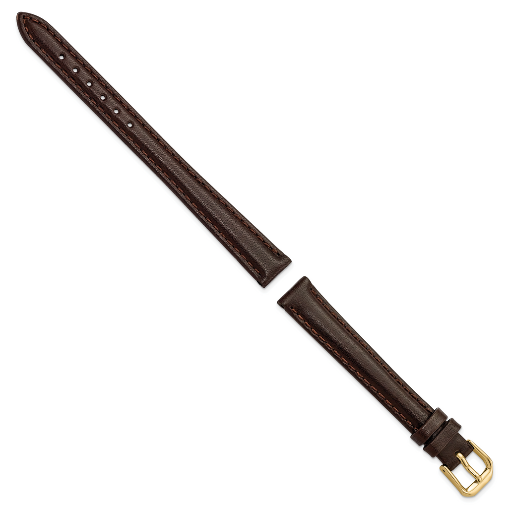 12mm Long Dark Brown Smooth Leather with Gold-tone Buckle 7.5 inch Watch Band