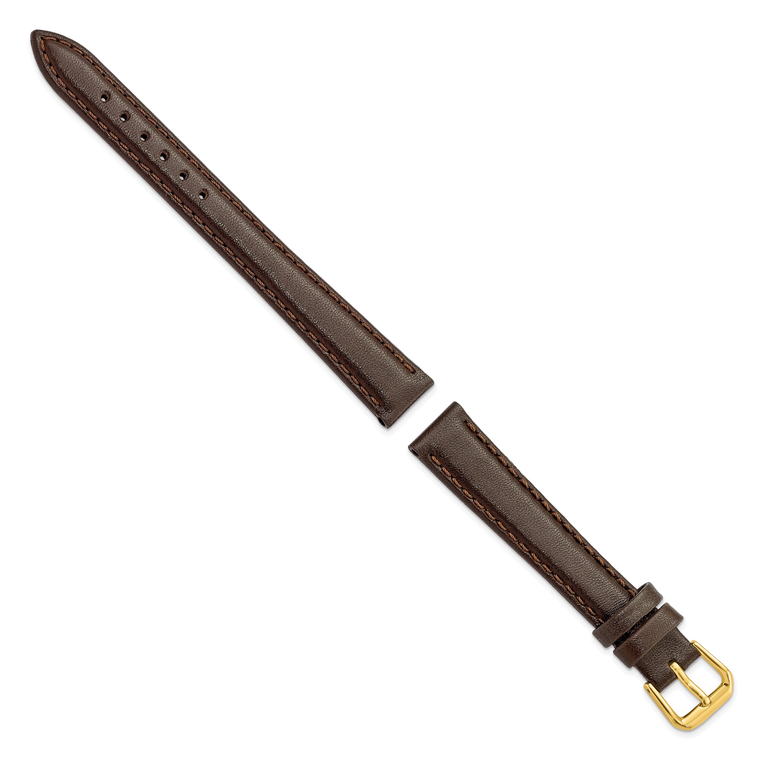 14mm Long Dark Brown Smooth Leather with Gold-tone Buckle 7.5 inch Watch Band