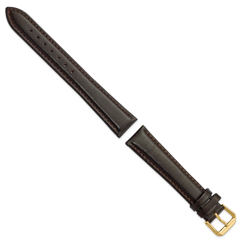 DeBeer 19mm Long Dark Brown Smooth Leather with Gold-tone Buckle 8.5 inch Watch Band