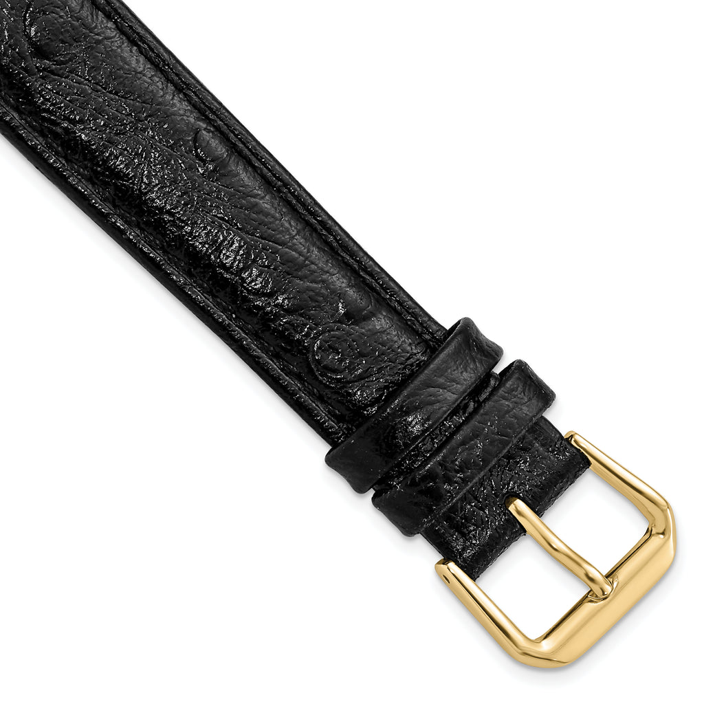 Ostrich Grain Leather Watch Band in Black with Gold-Tone Buckle, 20mm