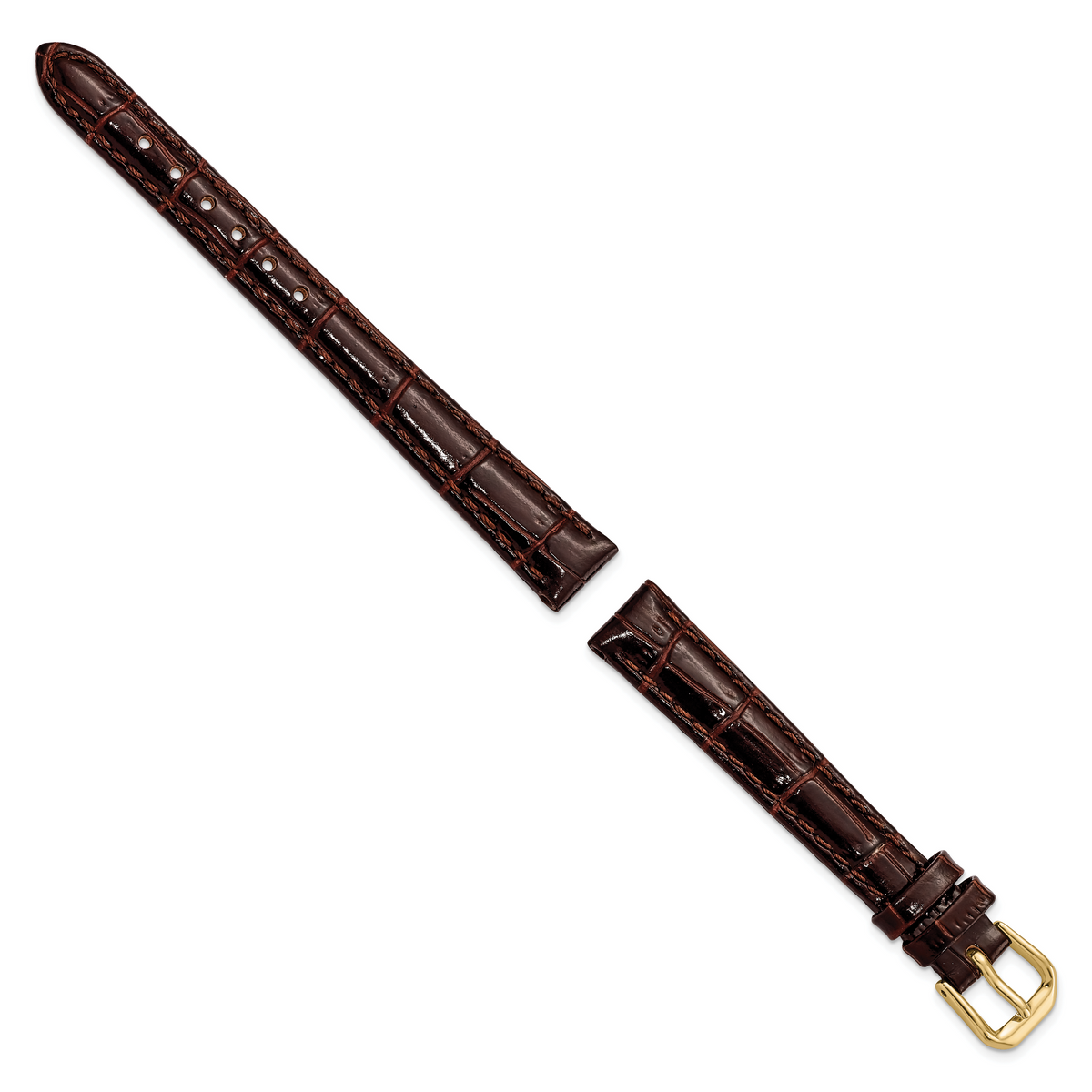 DeBeer 12mm Brown Crocodile Grain Leather with Dark Stitching and Gold-tone Buckle 6.75 inch Watch Band