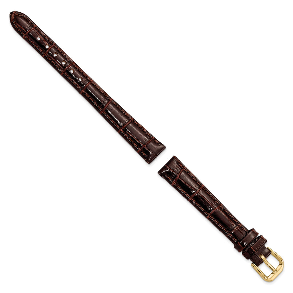 DeBeer 12mm Brown Crocodile Grain Leather with Dark Stitching and Gold-tone Buckle 6.75 inch Watch Band