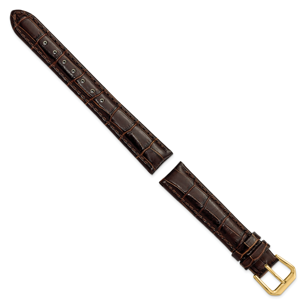 DeBeer 16mm Brown Crocodile Grain Leather with Dark Stitching and Gold-tone Buckle 7.5 inch Watch Band