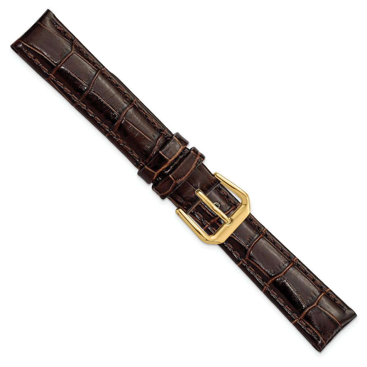 DeBeer 16mm Brown Crocodile Grain Leather with Dark Stitching and Gold-tone Buckle 7.5 inch Watch Band