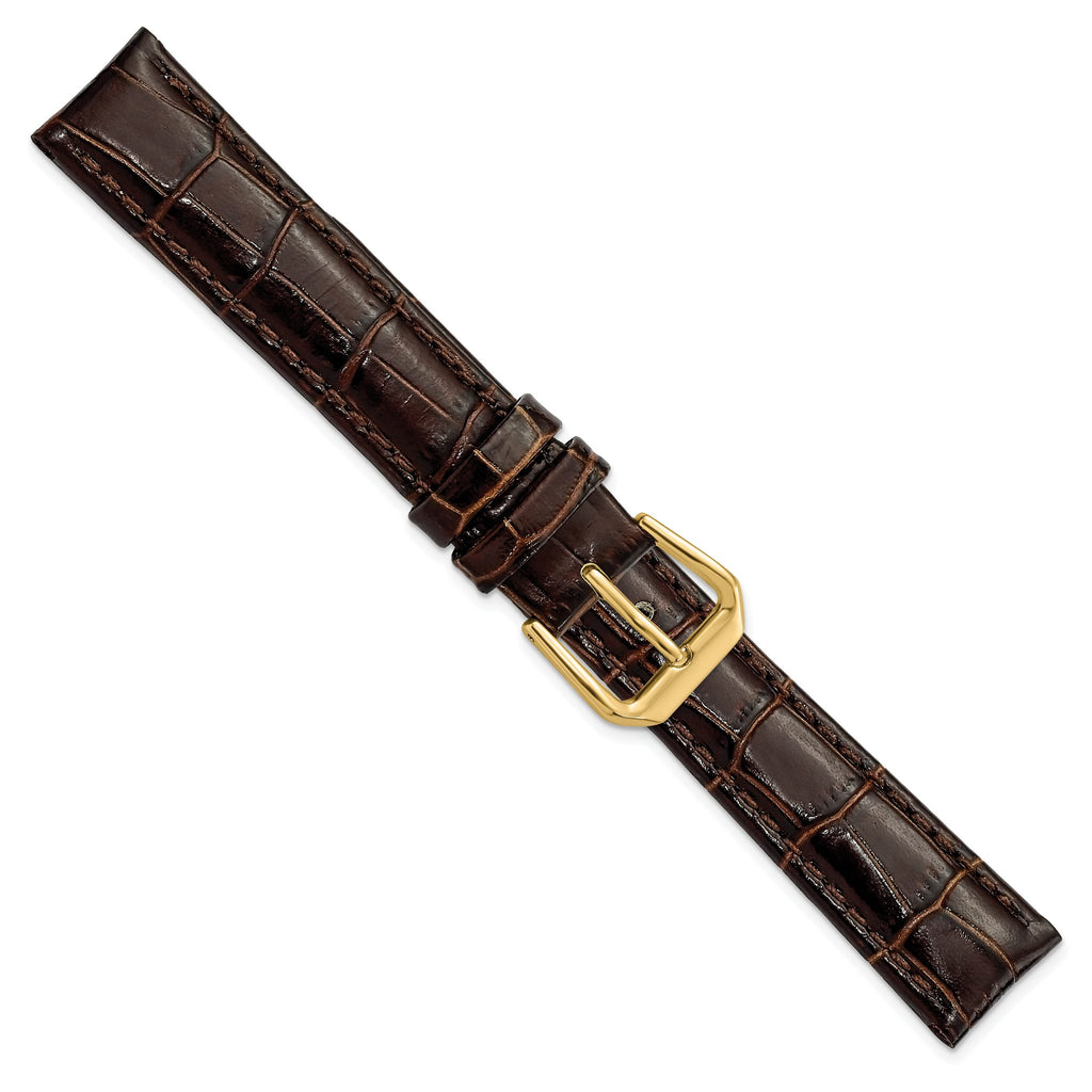 DeBeer 16mm Brown Crocodile Grain Leather with Dark Stitching and Gold-tone Buckle 7.5 inch Watch Band