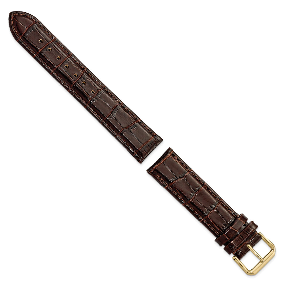 DeBeer 19mm Brown Crocodile Grain Leather with Dark Stitching and Gold-tone Buckle 7.5 inch Watch Band