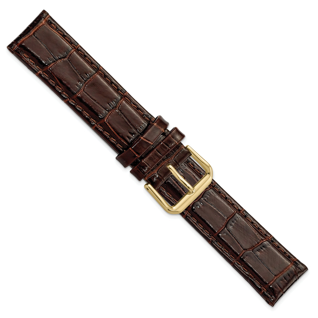 DeBeer 19mm Brown Crocodile Grain Leather with Dark Stitching and Gold-tone Buckle 7.5 inch Watch Band