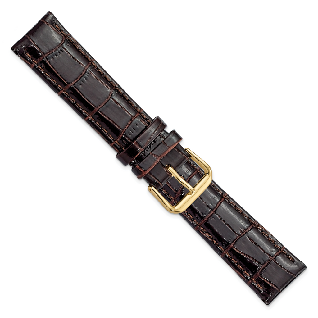 DeBeer 20mm Brown Crocodile Grain Leather with Dark Stitching and Gold-tone Buckle 7.5 inch Watch Band