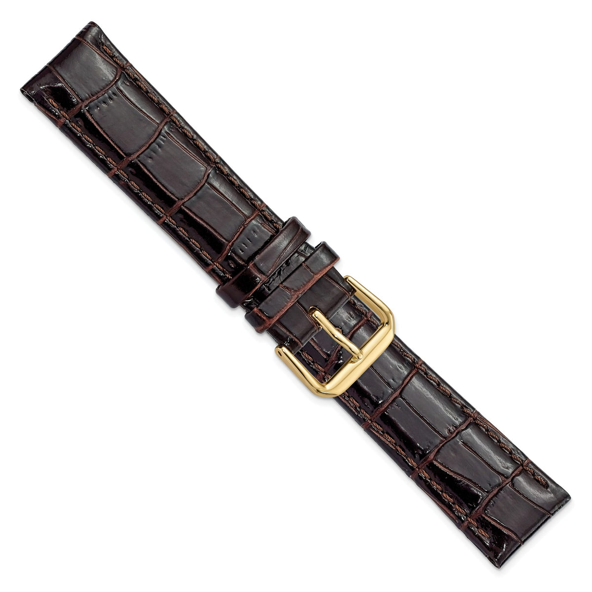 DeBeer 20mm Brown Crocodile Grain Leather with Dark Stitching and Gold-tone Buckle 7.5 inch Watch Band