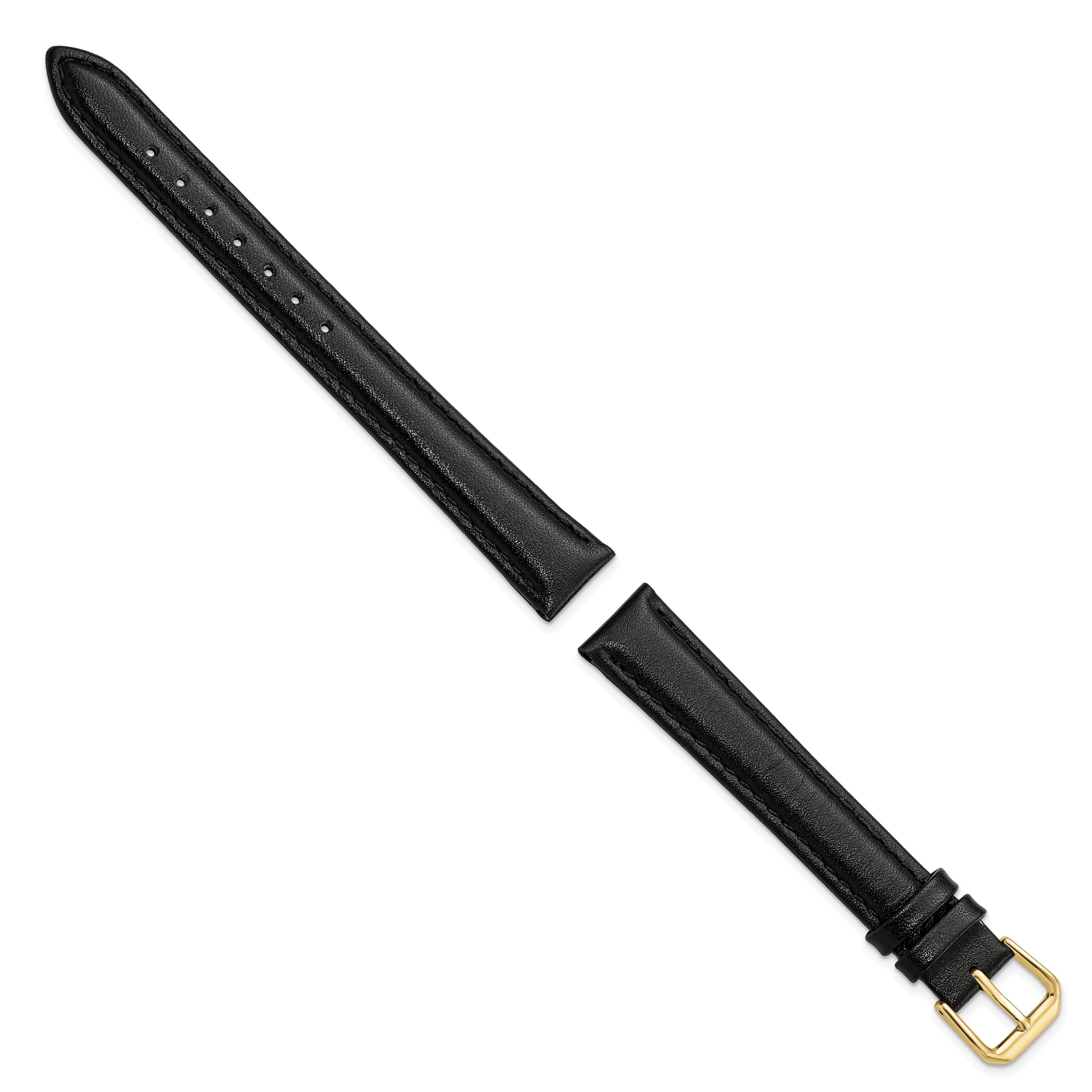 16mm Extra Long Black Smooth Leather with Gold-tone 9.5 inch Watch Band