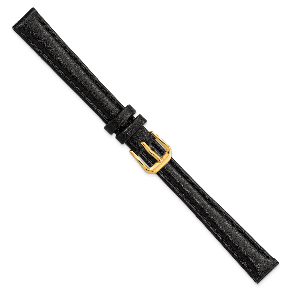 12mm Black Long Smooth Leather with Gold-tone Buckle 7.5 inch Watch Band - Sophia Jewelers