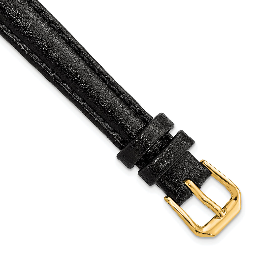 12mm Black Long Smooth Leather with Gold-tone Buckle 7.5 inch Watch Band - Sophia Jewelers