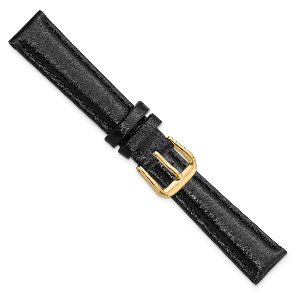 Black Genuine Leather Watch Band with Gold-Tone Buckle 12mm
