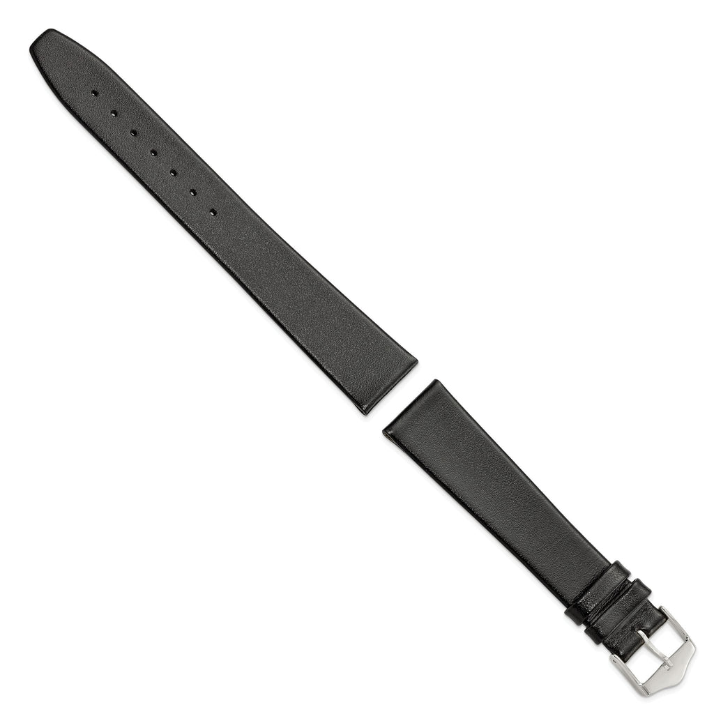 Smooth Flat Leather Watch Band in Black with Silver-Tone Buckle, 20mm - Sophia Jewelers