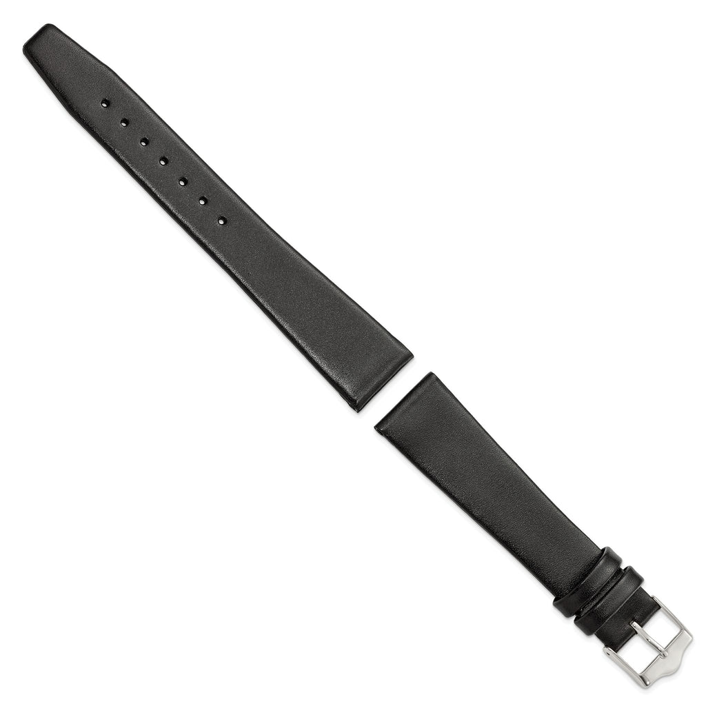 Smooth Flat Leather Watch Band in Black with Silver-Tone Buckle, 20mm - Sophia Jewelers