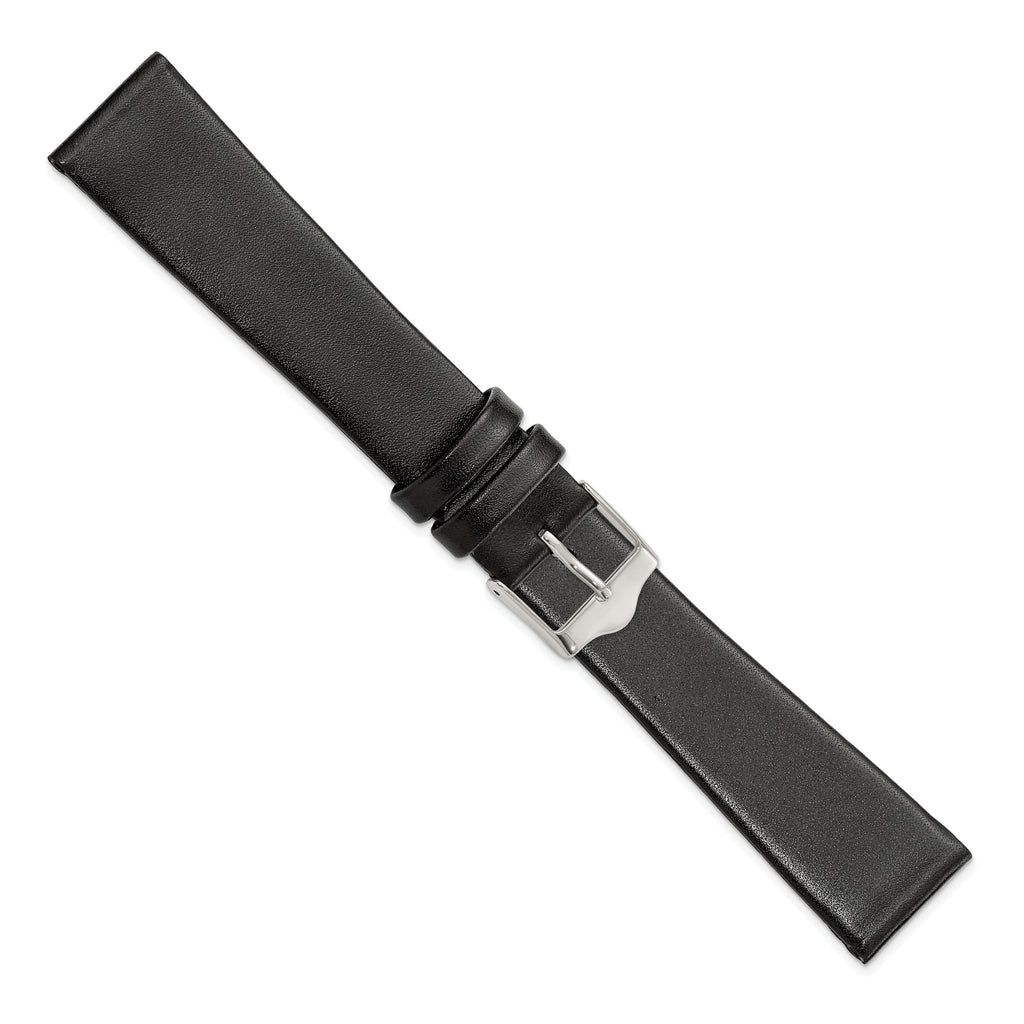 Smooth Flat Leather Watch Band in Black with Silver-Tone Buckle, 20mm - Sophia Jewelers