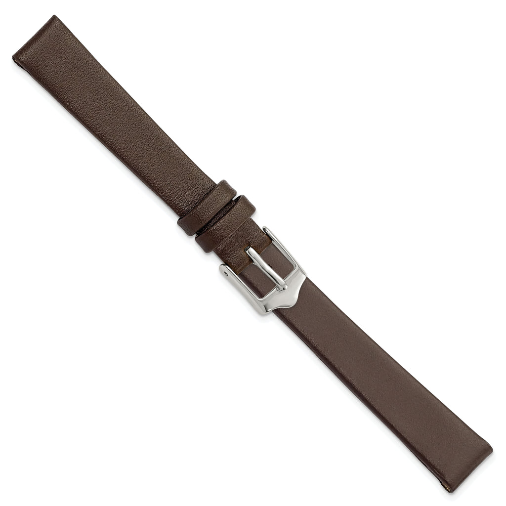 12mm Brown Smooth Flat Leather with Silver-tone Buckle 6.75 inch Watch Band - Sophia Jewelers