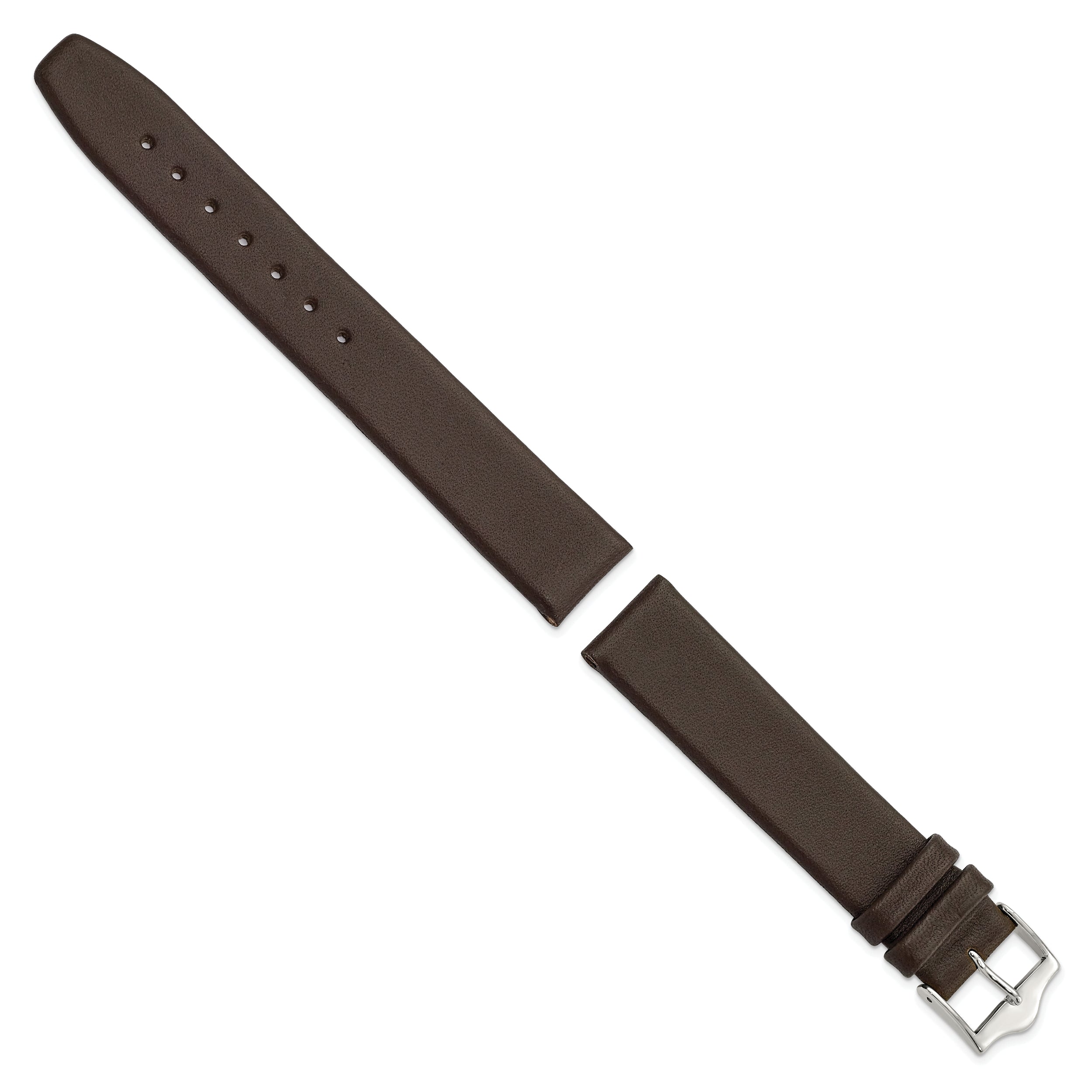 17mm Brown Smooth Flat Leather with Silver-tone Buckle 7.5 inch Watch Band