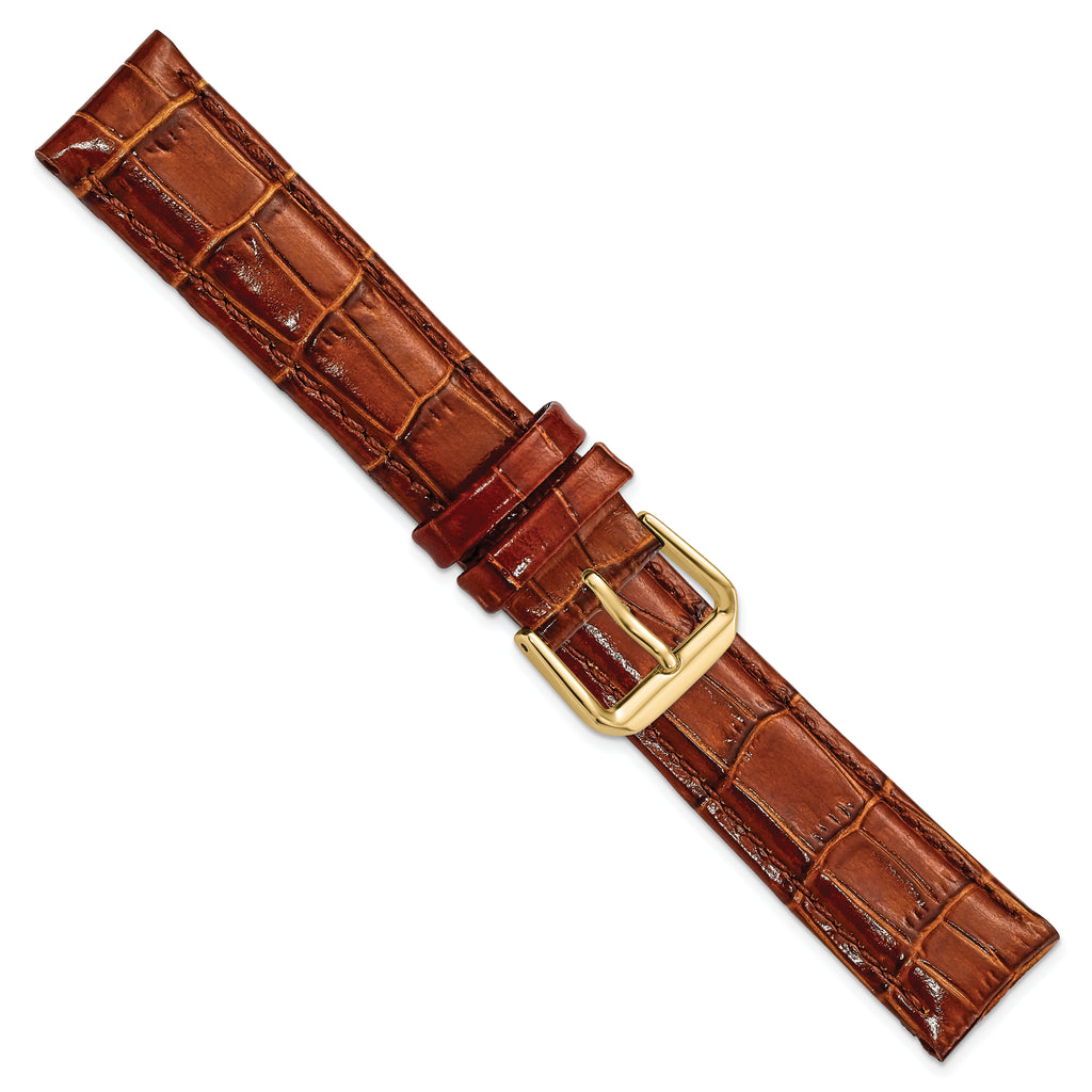 Havana Crocodile-Grain Leather Watch Band with Dark Stitching and Gold-Tone Buckle 18mm