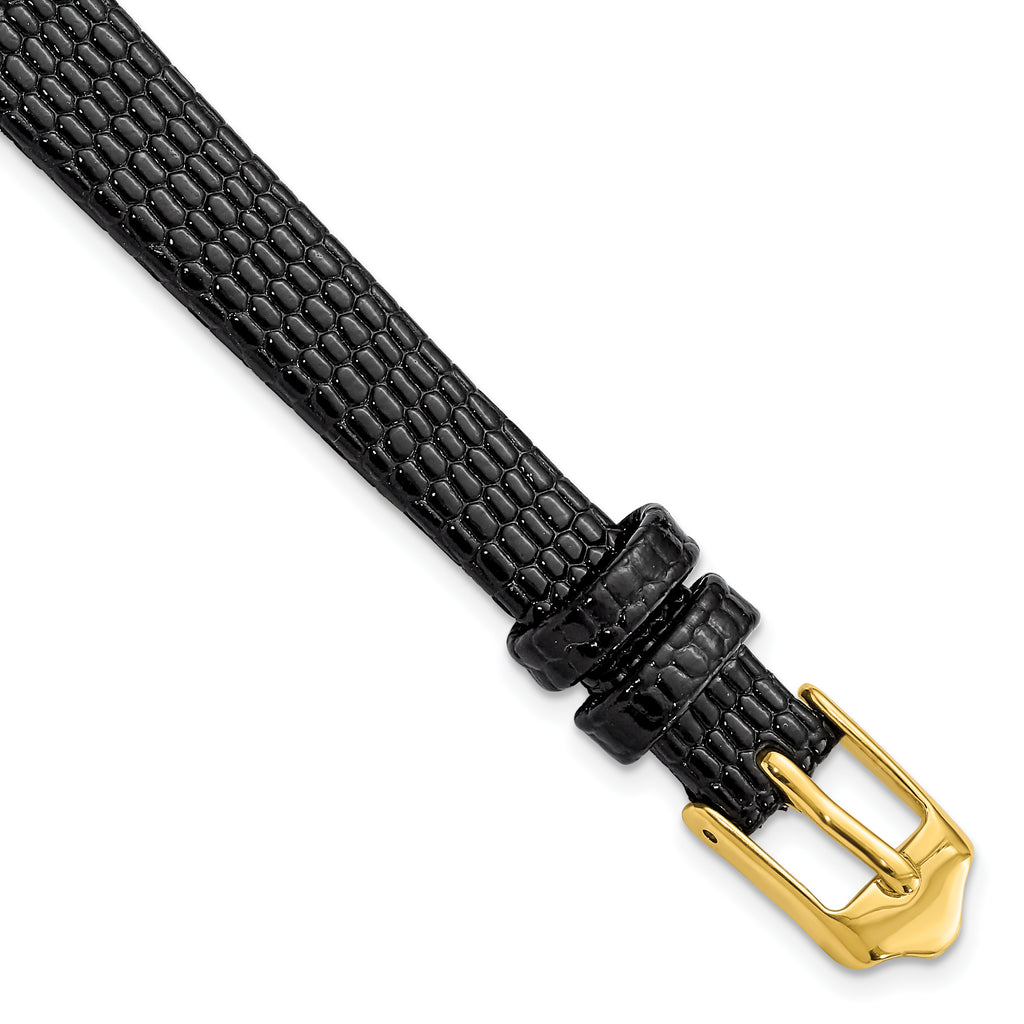 10mm Flat Black Lizard Grain Leather with Gold-tone Buckle 6.75 inch Watch Band