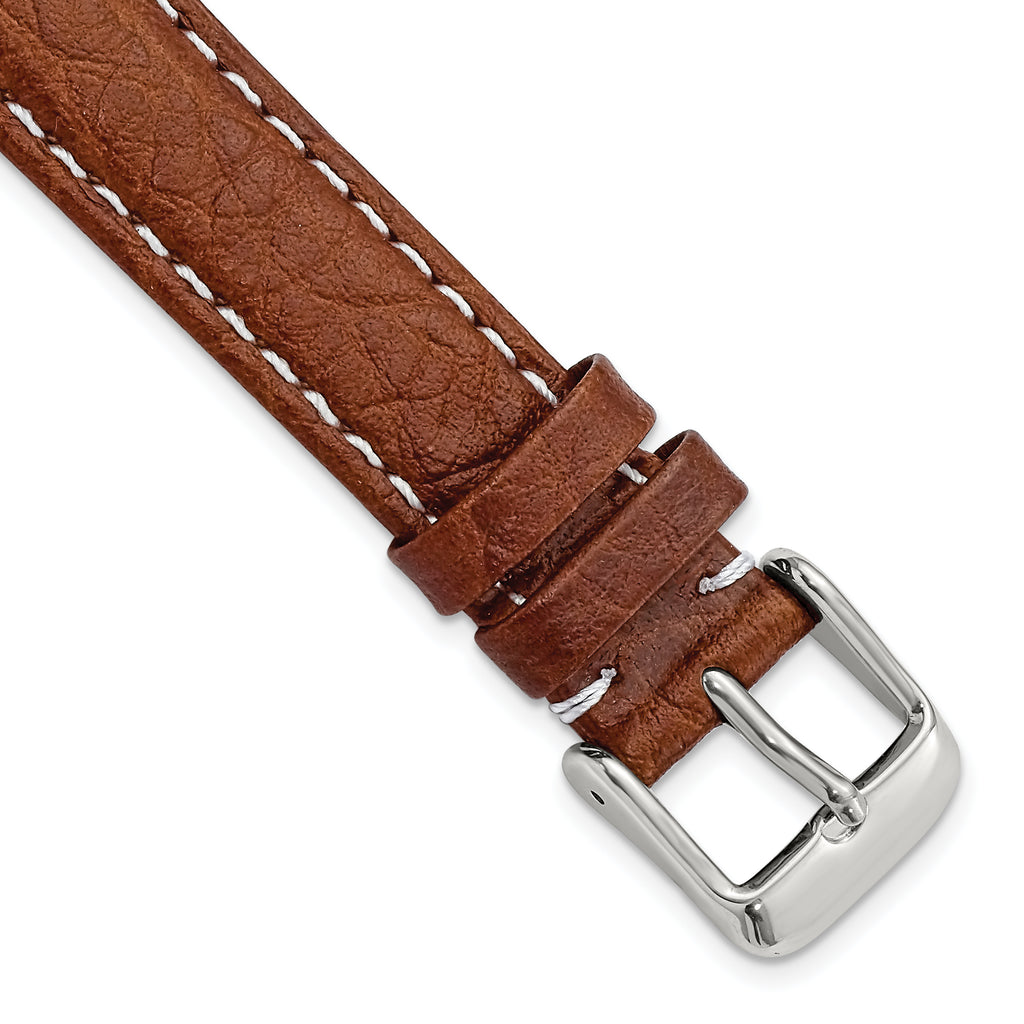 16mm Long Havana Sport Leather with White Stitching and Silver-tone Buckle 8.5 inch Watch Band