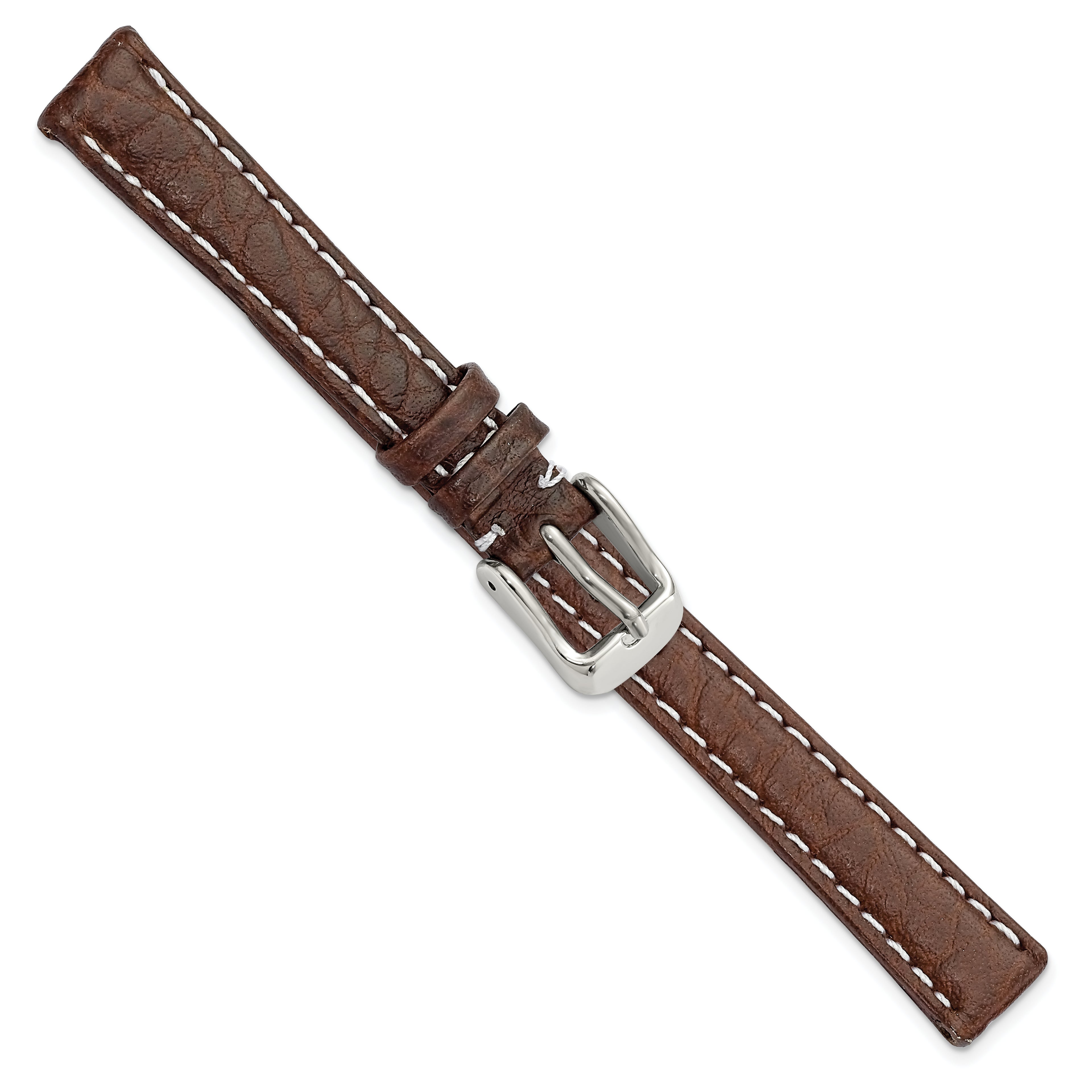 12mm Dark Brown Sport Leather with White Stitching and Silver-tone Buckle 6.75 inch Watch Band - Sophia Jewelers