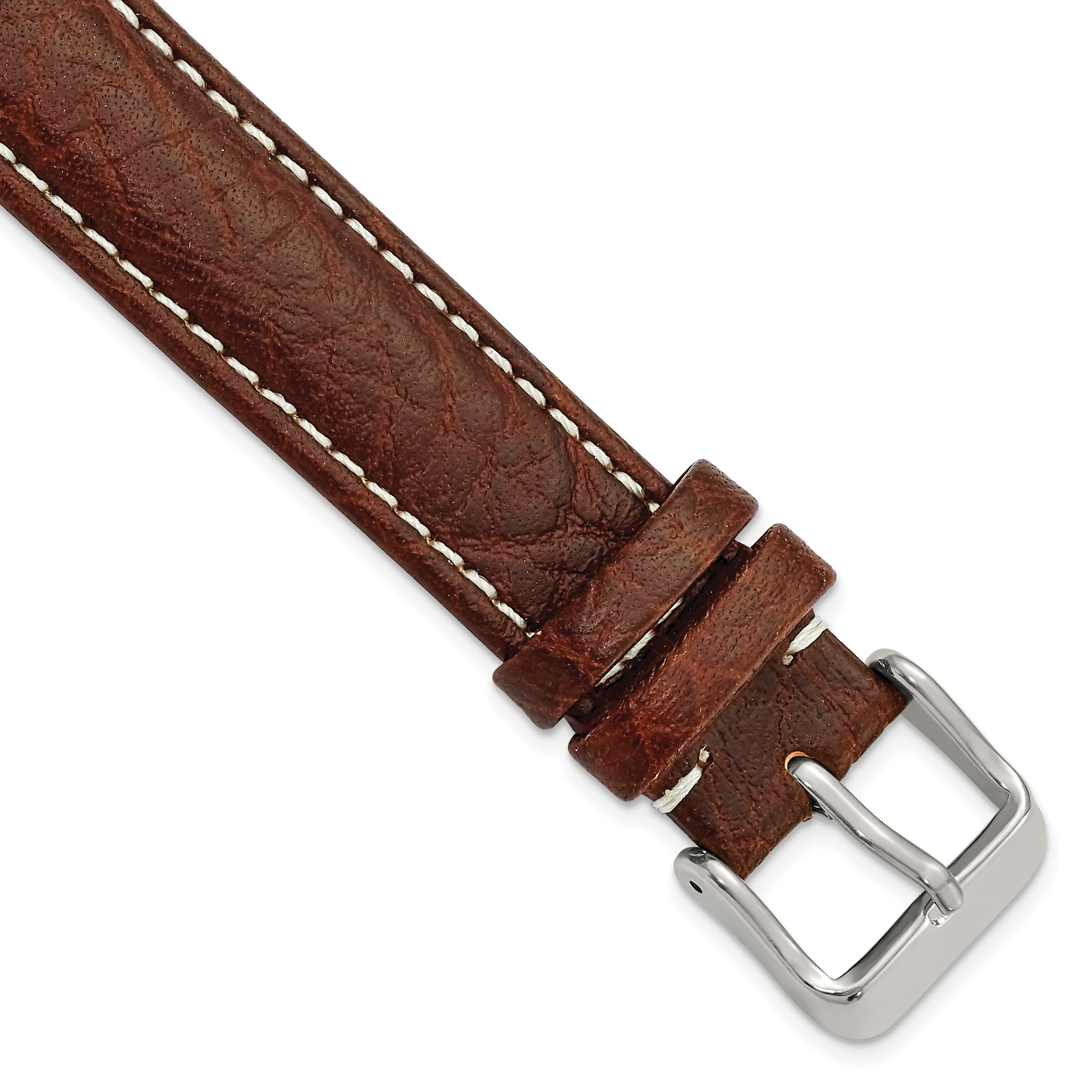 17mm Dark Brown Sport Leather with White Stitching and Silver-tone Buckle 7.5 inch Watch Band