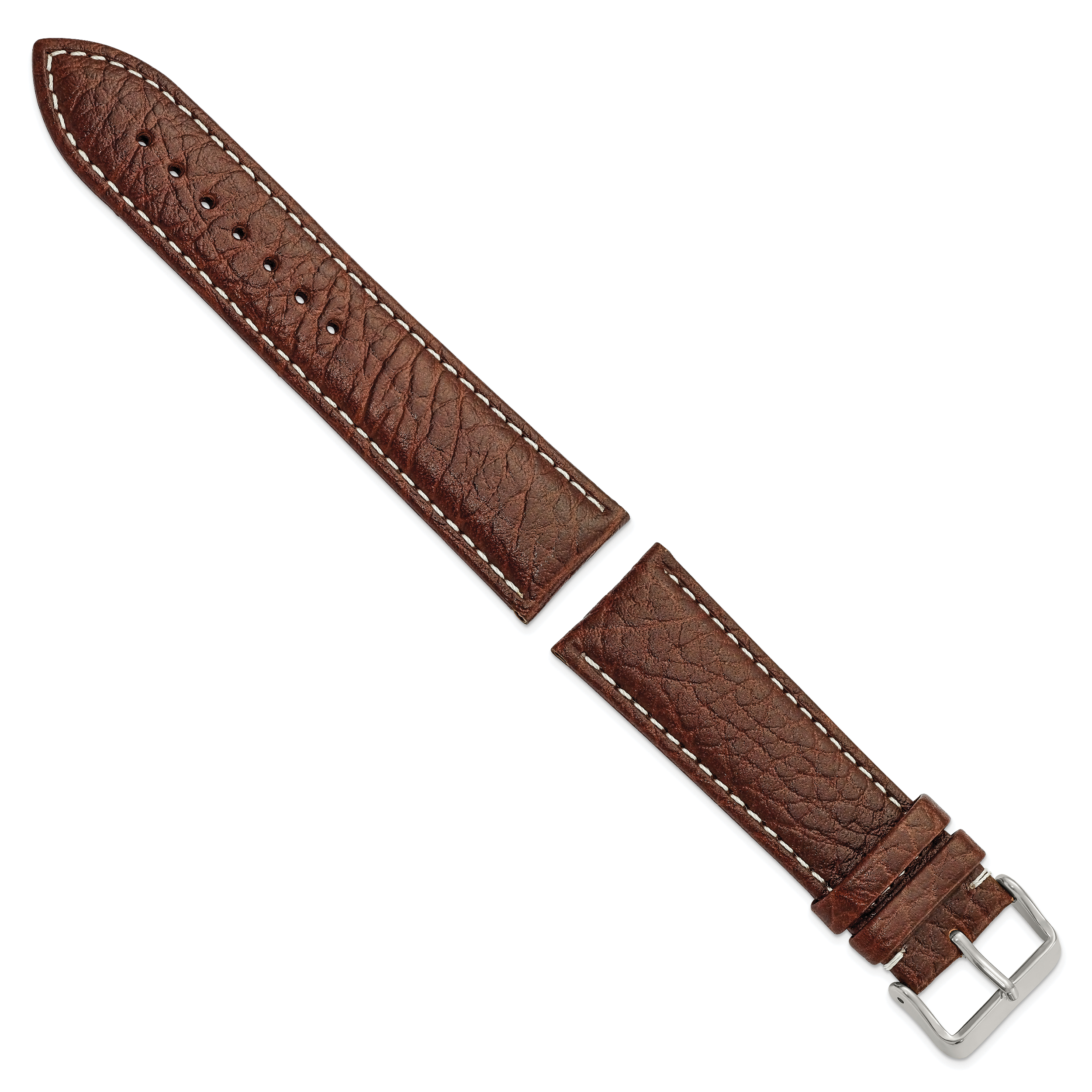 Brown Genuine Leather Watch Band with White Stitching and Silver-Tone Buckle 24mm