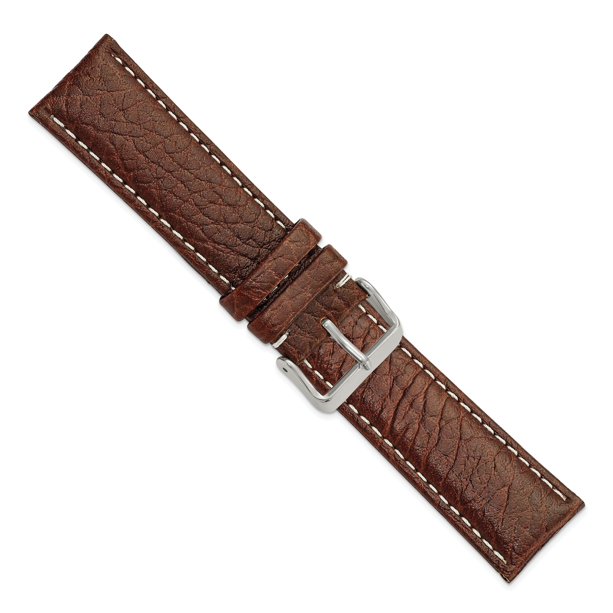 Brown Genuine Leather Watch Band with White Stitching and Silver-Tone Buckle 24mm