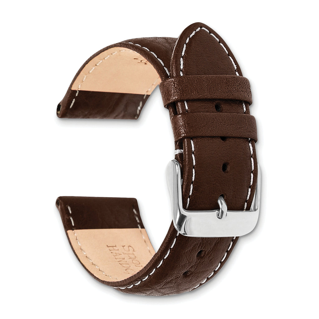 Brown Genuine Leather Watch Band with White Stitching and Silver-Tone Buckle 22mm